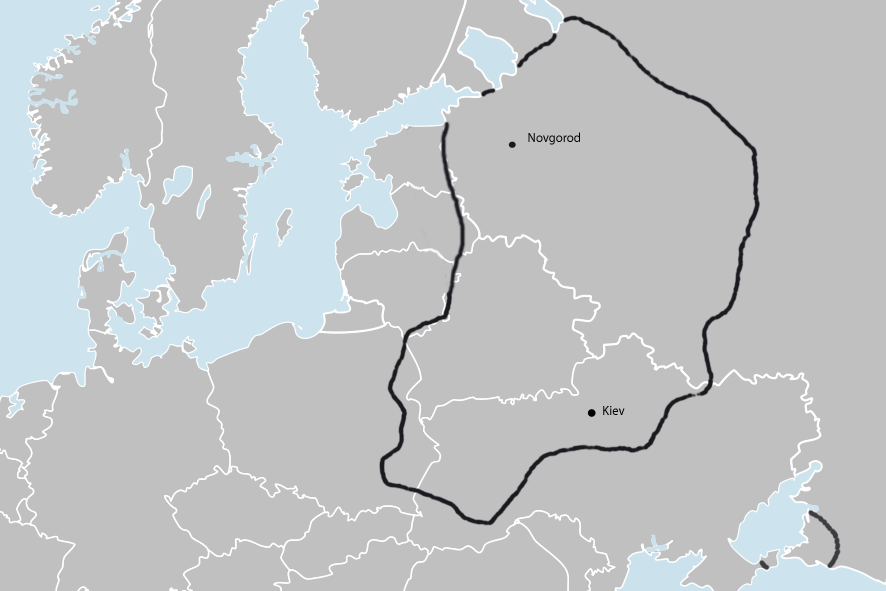 Русь у середині XI ст. Карта допомагає побачити масштаб держави та основні політичні центри. Автор: Scolaire / Wikimedia Commons, CC BY-SA 3.0.