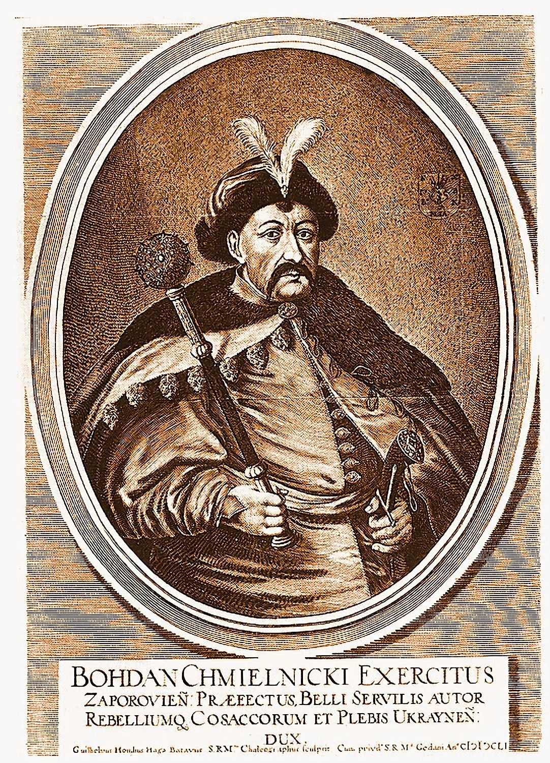 Богдан Хмельницький. Гравюра Віллема Гондіуса, 1651 р. — один із найвідоміших прижиттєвих образів гетьмана; персоналія НМТ. Wikimedia Commons, public domain.