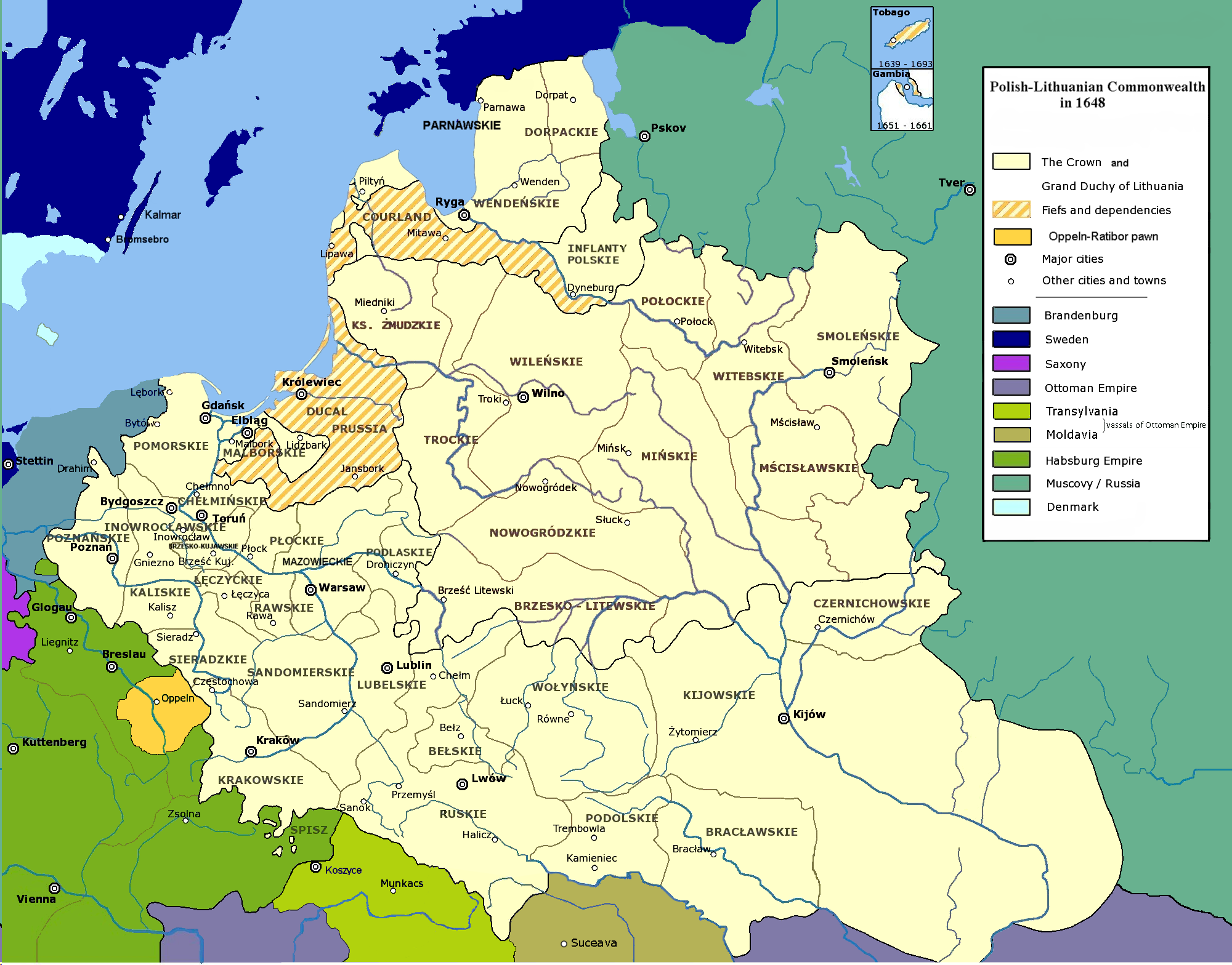 Карта Речі Посполитої на початку Національно-визвольної війни 1648 р. Використовуй її для просторового орієнтування: Київське, Брацлавське, Чернігівське, Волинське та Руське воєводства. Автор карти: Mathiasrex (на основі шарів Halibutt), Wikimedia Commons, CC BY 3.0.