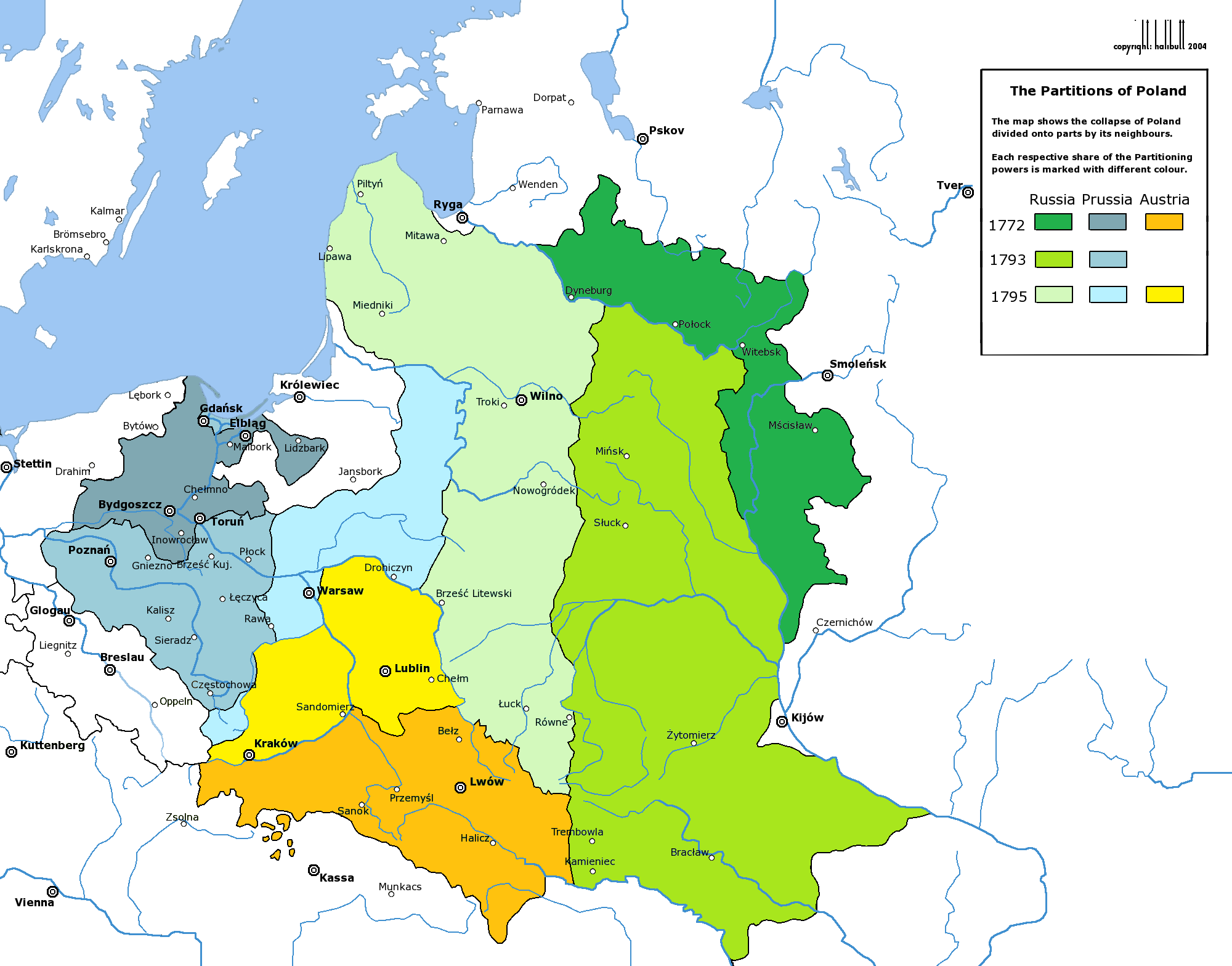 Карта трьох поділів Речі Посполитої — 1772, 1793 і 1795 рр. На НМТ важливо простежити, які українські землі опинилися під владою Габсбургів і Російської імперії. Автори: Halibutt; похідна робота Sneecs, Wikimedia Commons, CC BY-SA 3.0.